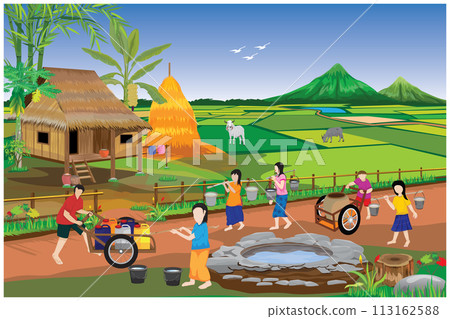 countryside boy and girl harvest water from pond vector design 113162588