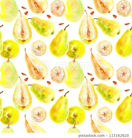 Pattern of fresh ripe yellow honey pear fruits. Hand drawn watercolor illustration. Delicious aromatic fruit ripened on a tree 113162620