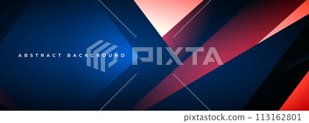 Red and dark blue 3D modern abstract wide banner with geometric shapes. Dark blue and red abstract background. Red and dark blue 3D modern abstract wide banner with geometric shapes. Dark blue and red abstract background. 113162801