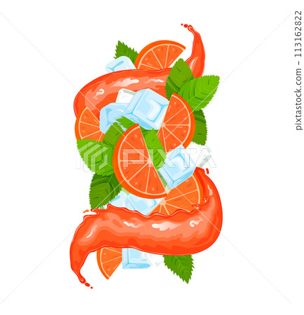 Grapefruit juicy drink splash with flat style juice wave, ice cubes, lime and mint leaves. Vector illustration Grapefruit juicy drink splash with flat style juice wave, ice cubes, lime and mint leaves. Vector illustration 113162822