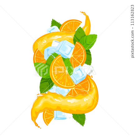 Orange juicy drink splash with flat style juice wave, ice cubes, lime and mint leaves. Vector illustration Orange juicy drink splash with flat style juice wave, ice cubes, lime and mint leaves. Vector illustration 113162823