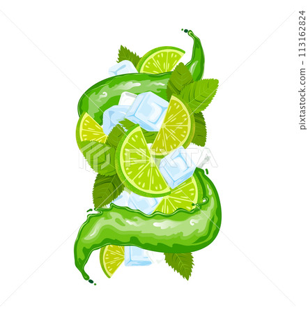 Mojito drink splash with flat style juice wave, ice cubes, lime and mint leaves. Vector illustration Mojito drink splash with flat style juice wave, ice cubes, lime and mint leaves. Vector illustration 113162824