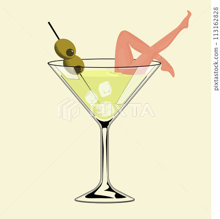 Summer vacation concept retro illustration with summer cocktail glass. Illustration of young elegant woman lying in martini glass. 113162828