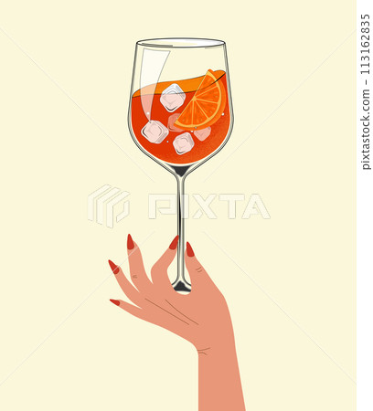 Aperol Spritz Cocktail in glass with hand. Hand drawn alcohol drink with orange slice and ice. Retro style. Vector illustration 113162835