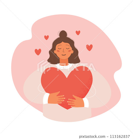 Cute girl hugging heart. Self care, love yourself icon or body positive concept. Vector illustration 113162837