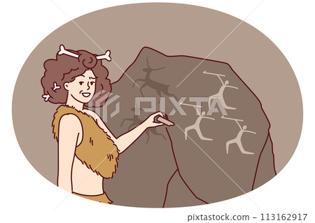 Ancient woman in clothing from animal skins and bones in hair makes rock paintings Ancient woman in clothing from animal skins and bones in hair makes rock paintings 113162917