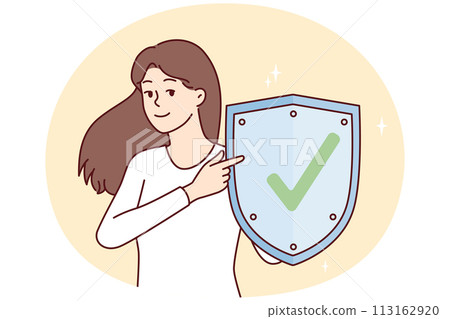 Woman with metal shield demonstrates that is web protected from viruses. Vector image 113162920