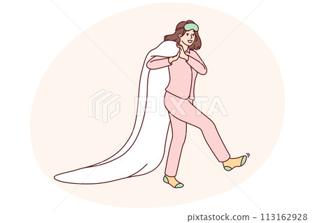 Happy woman in pajamas after morning awakening walks dragging blanket behind back Happy woman in pajamas after morning awakening walks dragging blanket behind back 113162928