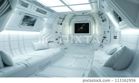 Living room with bed and led light in spaceship, white interior design of starship, inside futuristic spacecraft. Theme of space, technology, future, travel, 113162956