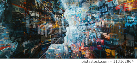 Young woman portrait on abstract digital background, adult girl against social media pattern. Concept of network, connect, global world, people, online, news 113162964