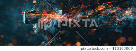 Person uses VR glasses on panoramic abstract background, surreal portrait of woman wearing futuristic headset. Theme of technology, virtual reality, future, art, 113163009