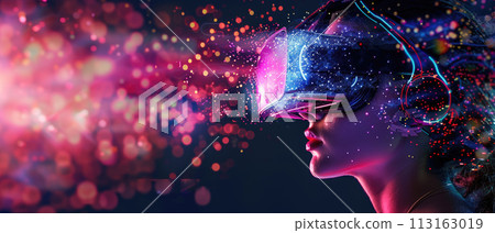 Adult girl wearing VR glasses, young person playing futuristic headset on abstract dark background. Concept of technology, virtual reality, future, music, art, portrait. Adult girl wearing VR glasses, young person playing futuristic headset on abstract dark background. Concept of technology, virtual reality, future, music, art, portrait. 113163019