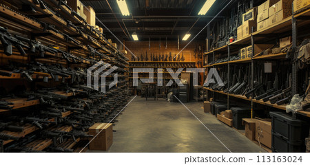 Weapon and army equipment in warehouse, wooden shelves with boxes and guns in storage, illegal smuggle arsenal. Concept of war, store, military industry, violence 113163024