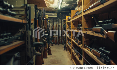 Weapon in old storage, wooden shelves with boxes and guns in warehouse, illegal smuggle arsenal. Concept of war, store, military industry, violence, package Weapon in old storage, wooden shelves with boxes and guns in warehouse, illegal smuggle arsenal. Concept of war, store, military industry, violence, package 113163027
