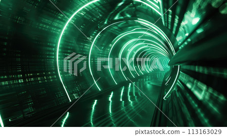 Dark futuristic tunnel with green neon light, inside modern garage or hall, underground room interior. Concept of corridor, studio, background, warehouse Dark futuristic tunnel with green neon light, inside modern garage or hall, underground room interior. Concept of corridor, studio, background, warehouse 113163029