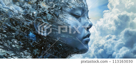 AI humanoid robot face, futuristic artificial intelligence as young woman on sky background. Theme of technology, cyborg, beauty, digital art. 113163030
