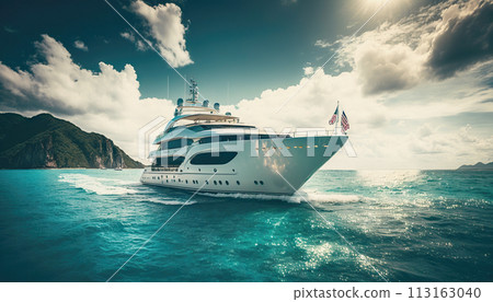 Low angle view on luxury yacht from the paradise turquoise ocean water surface. Sunny day in tropic sea. Generative AI 113163040