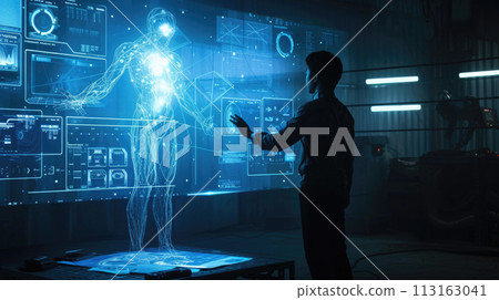Scientist works with at 3d-model of artificial intelligence, engineer uses digital technology in future. Concept of data, AI, tech, innovation, research, science, learning 113163041