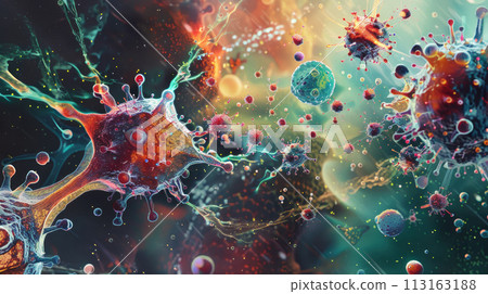 Viruses microscopic view, pattern of micro structures, microbiology illustration abstract background. Concept of science, macro, microscope, cell, science, research 113163188
