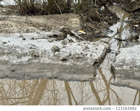 Melting dirty snow on the streets of the city during the daytime in winter. A big puddle on the road, a lot of dirty water. Melting dirty snow on the streets of the city during the daytime in winter. A big puddle on the road, a lot of dirty water. 113163892
