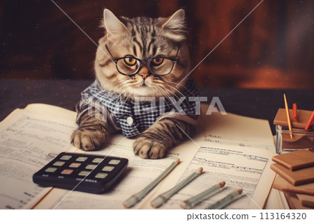 Accountant Cat with Glasses Planning Budget 113164320