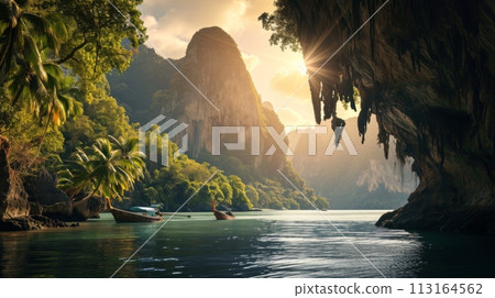 Golden Sunset at Tropical Beach Cove Ai generation Golden Sunset at Tropical Beach Cove Ai generation 113164562