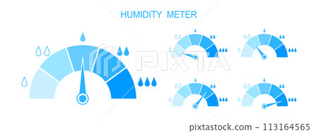 Set of humidity meters. Measuring dashboards with arrows and water drops with different levels of liquid. Hygrometer climate control tools isolated on white background. Vector flat illustration Set of humidity meters. Measuring dashboards with arrows and water drops with different levels of liquid. Hygrometer climate control tools isolated on white background. Vector flat illustration 113164565