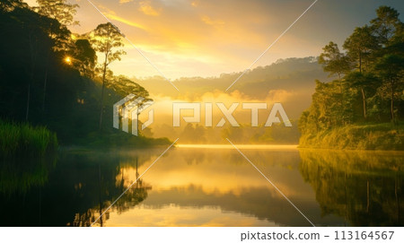 Sunrise Reflection on a Tranquil Lake Ai generated 113164567