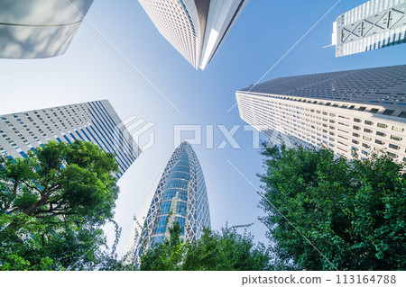 Looking up at the buildings in Shinjuku New City, Tokyo in summer 113164788