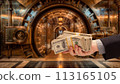 Man Handing Stacks of Thousands of Dollars with Giant Vault In Background. 113165105