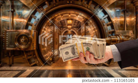 Man Handing Stacks of Thousands of Dollars with Giant Vault In Background. 113165105