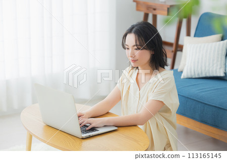 Young woman using a computer in the living room Young woman using a computer in the living room 113165145