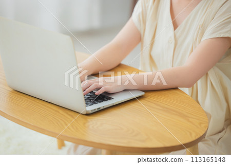 使用一台電腦在客廳裡的年輕女子 113165148