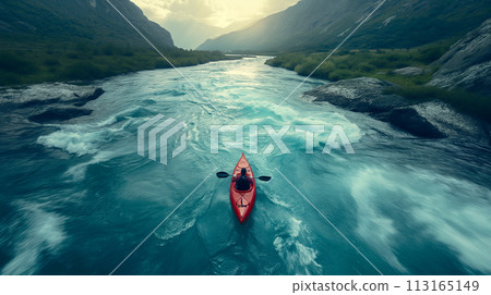 Aerial View of A Kayaker Paddling The Rapids of a Beautiful Mountain River. Generative AI. 113165149