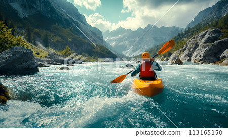 Kayaker Paddling The Rapids of A Beautiful Mountain River. Generative AI. 113165150