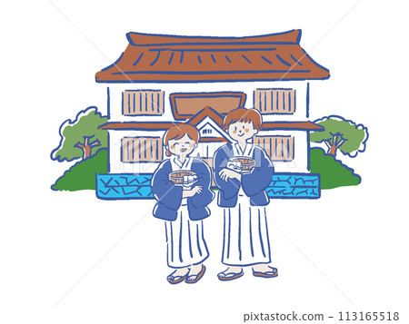 柔和的彩色寬鬆手繪風格插圖,描繪了穿著浴衣的男女和一家旅館 柔和的彩色寬鬆手繪風格插圖,描繪了穿著浴衣的男女和一家旅館 113165518