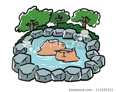 Hand-drawn style illustration of two capybaras taking an open-air bath in the mountain 113165522