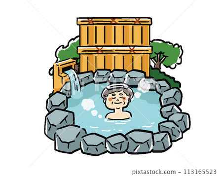Hand-drawn style illustration of a man taking an open-air bath Hand-drawn style illustration of a man taking an open-air bath 113165523