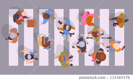 People on crosswalk top view. Pedestrians walking down the street view from above, male and female passersby crossing road flat vector illustration set. Characters crossing road top view 113165576