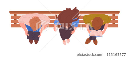 People sitting on bench. Characters view from above on wooden bench, men and woman reading or working with gadgets top view flat vector illustration. Cartoon sitting people top view 113165577