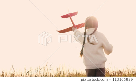 Girl with toy airplane runs across field. Child, kid plays with red plane, runs across meadow as if on runway, dreaming of flying up, learning to fly. Inspiration, aspiration, enthusiasm, hope concept Girl with toy airplane runs across field. Child, kid plays with red plane, runs across meadow as if on runway, dreaming of flying up, learning to fly. Inspiration, aspiration, enthusiasm, hope concept 113165959