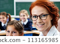portrait female teacher, smile face, red hair, schoolchildren lesson, children class teacher, background group children, teamwork, group child smile, teacher with glasses, happy eyes school teacher, 113165985