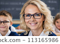 portrait female teacher, smile face, blonde hair, schoolchildren lesson, children class teacher, background group children, teamwork, group child smile, teacher with glasses, happy eyes school teacher 113165986