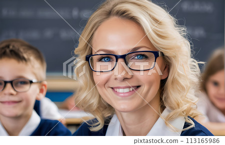 portrait female teacher, smile face, blonde hair, schoolchildren lesson, children class teacher, background group children, teamwork, group child smile, teacher with glasses, happy eyes school teacher portrait female teacher, smile face, blonde hair, schoolchildren lesson, children class teacher, background group children, teamwork, group child smile, teacher with glasses, happy eyes school teacher 113165986