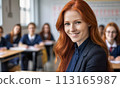 portrait female teacher, smile face, red hair, schoolchildren lesson, children class teacher, background group children, teamwork, group child smile, teacher with glasses, happy eyes school teacher, 113165987