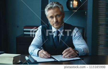 businessman, face of a blue-eyed gray-haired man, business concept, man smiling, head office employee, friendly employer, businessman sitting at his desk, gray-haired handsome man in a jacket smiling 113165990