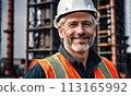 electrician engineer against background towers, gray-haired man electrician works with white helmet head, construction, energy technology industry, energy businessman, construction engineer, work 113165992