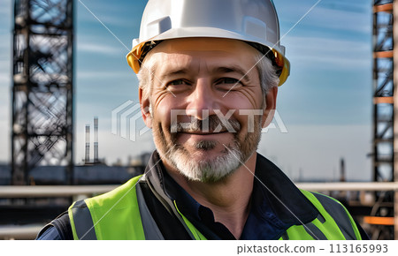 electrician engineer against background towers, gray-haired man electrician works with white helmet head, construction, energy technology industry, energy businessman, construction engineer, work 113165993