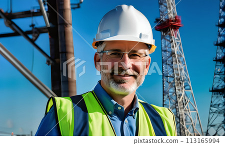 electrician engineer against background towers, gray-haired man electrician works with white helmet head, construction, energy technology industry, energy businessman, construction engineer, work 113165994