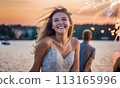 happy face girl against background fireworks, festive fireworks sky, young beautiful girl relaxing friends, travel vacation vacation sea, cheerful festive fireworks, colorful bright explosions sky 113165996
